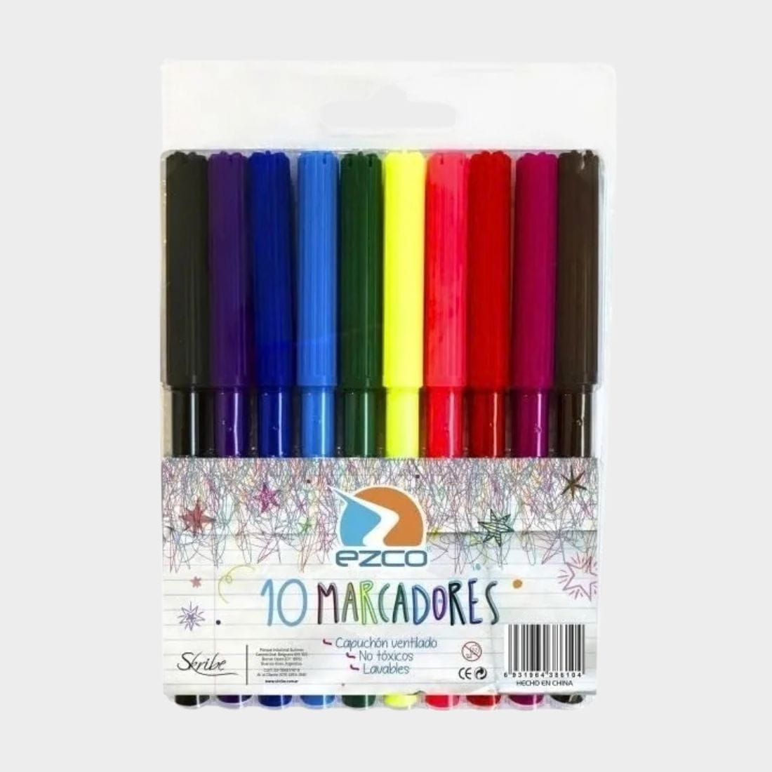 Marcador fibra escolar EZCO al agua largos X10 punta fina lavable